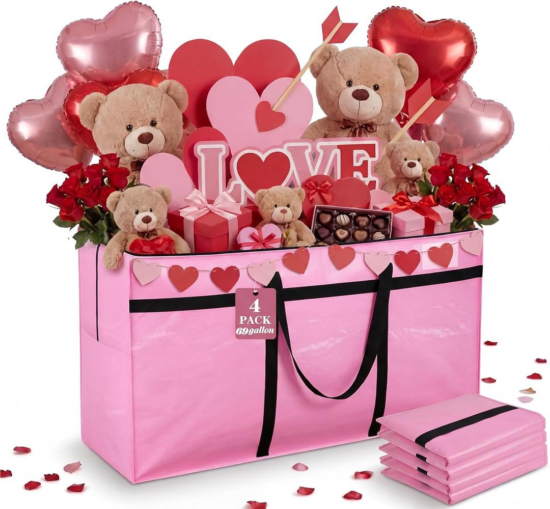 Windyun 4 Pack 69 Gallon Extra Large Moving Bags XXL Heavy Duty Storage Bag with Strong Zipper Handle Jumbo Big Tote Box Foldable for College Dorm Travel Clothes Duffle Blanket Pillow (Pink)