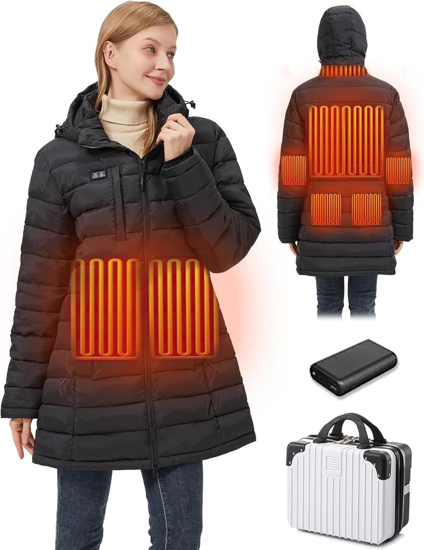 Graphene Heated Jacket for Women, Long Heated Coats for Women with Battery Pack 8 Heating Zones Detachable Hood (Small)