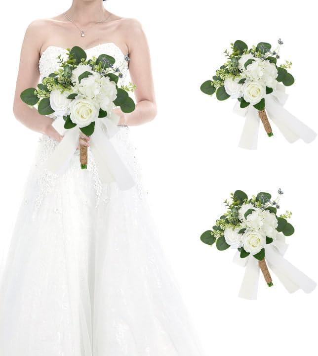 HOMENERGY Set of 2 Bridesmaid Bouquets for Wedding - Silk Artificial Ivory Bridesmaid Flowers, Pre-Made Roses Sage Green Boho Bridal Floral for Bride Party Ceremony Anniversary Decoration - 9inch