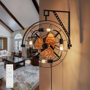 21" Wall Mount Fan with Remote and Light, 6-Speed, Plug-in Farmhouse Quite Wall Mounted Fan Indoor for Bedroom Patios Corner Garage Workshop Warehouse, 360Adjustable Tilt