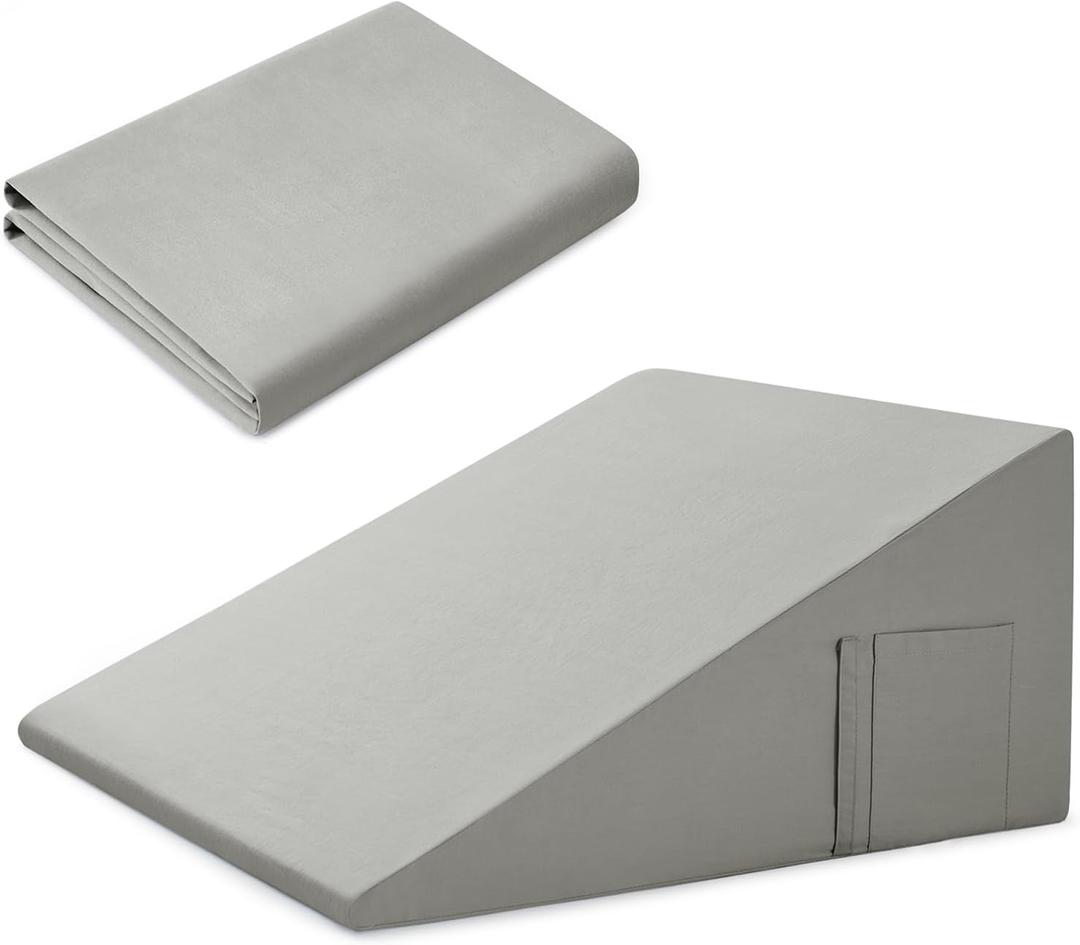 Cotton Wedge Pillow Cover for 24" x 24" x 10" Wedge Bed Pillow, Zippered Wedge Pillow Case Protector with Side Pocket, Light Grey (Pillow Not Included)