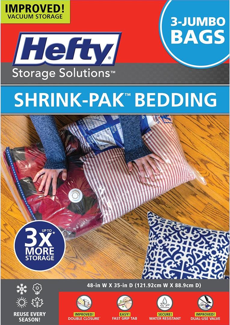 Hefty Shrink-Pak Vacuum Storage Bags - Space Saver for Under Bed Storage, Clothing and Comforters, Odor Resistant, 3X More Storage Space - 3 Jumbo Bags