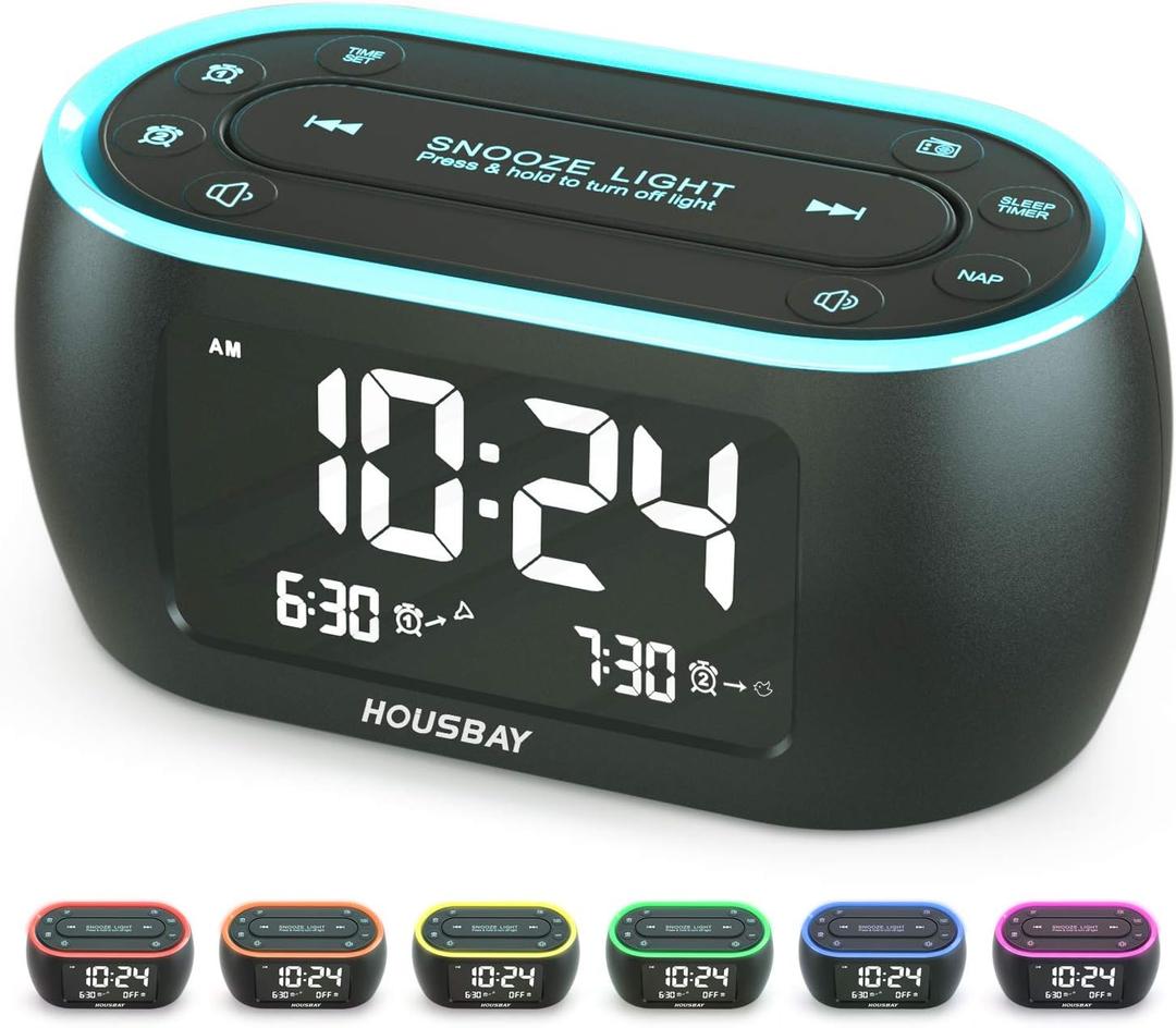 HOUSBAY Digital Alarm Clock Radio for Bedrooms, Phone-Free Wake-up with Dual Alarm, Night Light, Small Radio Clock for Bedside (Black)