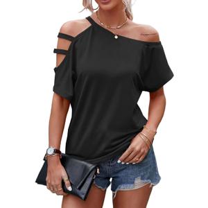 LilyCoco Women's Off The Shoulder Top Short Sleeve Cutout Asymmetrical Neck T Shirt (X-Large, Black)