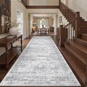 4x12 Runner Rug for Hallway, Low-Pile Wide Runner for Entryway, Long Washable Non-Slip Kitchen Rug, Soft Modern Home Decor Mat for Living, Laundry Room(4'x12', Grey/Ivory)