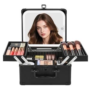 Chomeiu Makeup Bag with Mirror, Travel Train Case Large Cosmetic Organizer with 2 Trays and Vanity Mirror with LED Lights, Brush Holder Storage Box Suitcase for Nail Kits Cosmetics Craft, Black