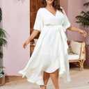 SCOMCHIC Women Plus Size Maxi Dress Short Sleeve Wrap V Neck High Low Split Ruffle Long Dress (White)