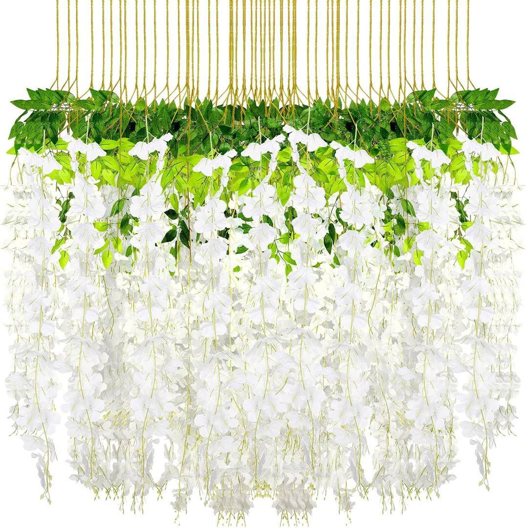 108 Pack 43.2 in/ 3.6 ft Artificial Fake Wisteria Hanging Flowers Wisteria Faux Flowers Garland Silk Vine Rattan Long Hanging Flowers String for Home Outdoor Wedding Party(Milky)