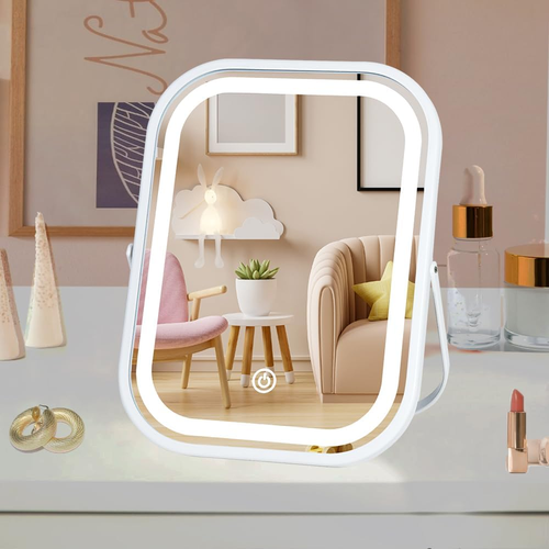 Makeup Mirror with Lights, Vanity Mirror for Desk, 6x8 Inch Rechargeable Tabletop Mirror, 3-Color Lighting & Touch Control, Portable Cordless Travel Mirror, Beauty Gift