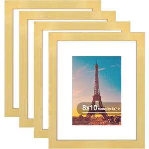8x10 Picture Frame Set of 4, High Definition Real Glass, Display Pictures 5x7 with Mat or 8x10 Without Mat, Gallery Wall Hanging or Tabletop Photo Frames, Gold
