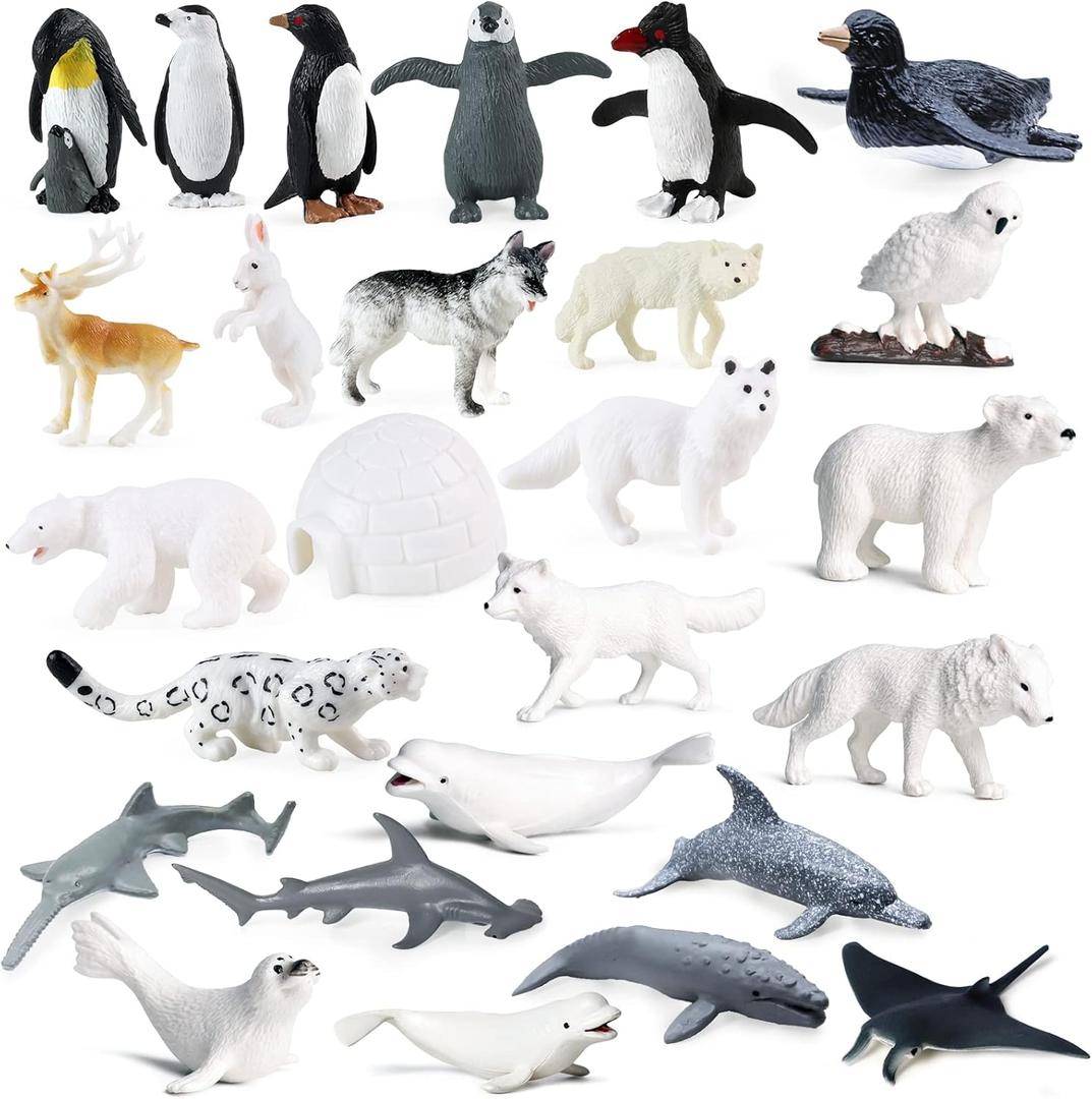 SIENON 26Pack Polar Animal Figures, Mini Plastic Arctic Antarctic Sea Creatures Penguin Polar Bear Walrus Snowy Owl Wolf for Kids Educational Christmas Birthday Cake Topper Gift Easter Egg Decor