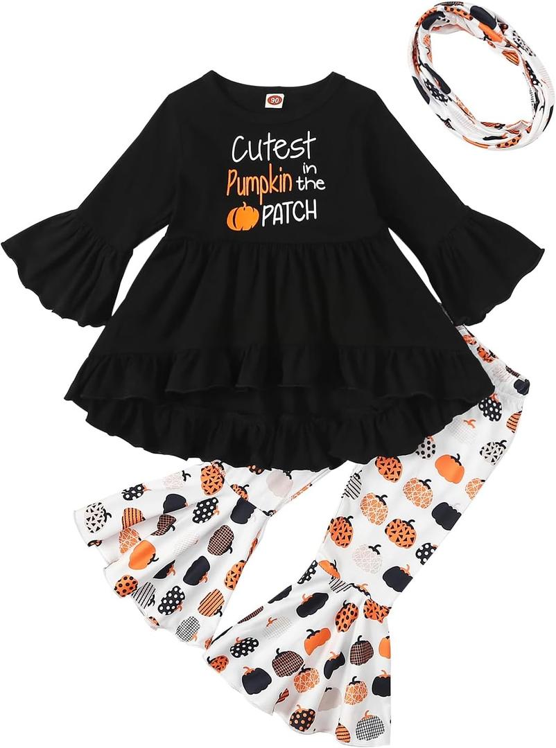 Noubeau Toddler Baby Girls Halloween Outfits Letter Print Flare Sleeve Dress Shirt Cute Pumpkin Bell-Bottoms Pants Scarf (12-18 Months, Black)