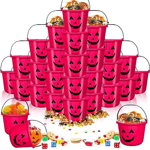 Tanlade 12 Pcs Halloween Pumpkin Bucket 9 Inch Candy Storage Pail Trick or Treat Basket Portable Jack O Lantern for Halloween Party Decoration (Pink)