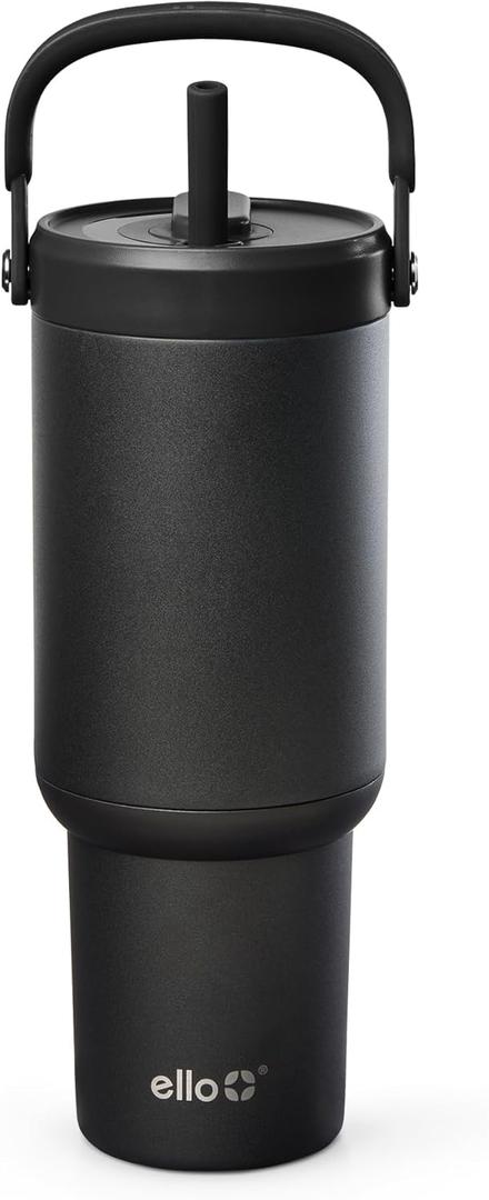 Ello Oasis Go+ 26oz Tumbler with Top Handle and Retracting Straw | Reusable Insulated Stainless Steel Cup, 100% Leakproof Water Bottle, 24 Hours Cold, Cup Holder Friendly For Travel | Black