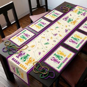 Newwiee 7 Pcs Mardi Gras Beads Table Runner and Placemats Set Table Decorations 13 x 72 Inch Crawfish Runner 12 x 18 Inch Carnival Happy Mardi Gras Holiday Kitchen Dining Home