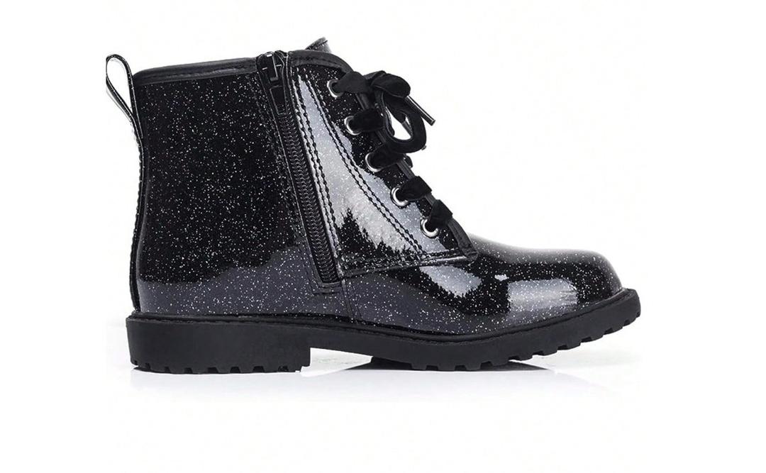 Glittery Lace-Up Combat Ankle Boots For Girls & Boys - Waterproof Design With Side Zipper
(6 Toddler, Black-pu17)