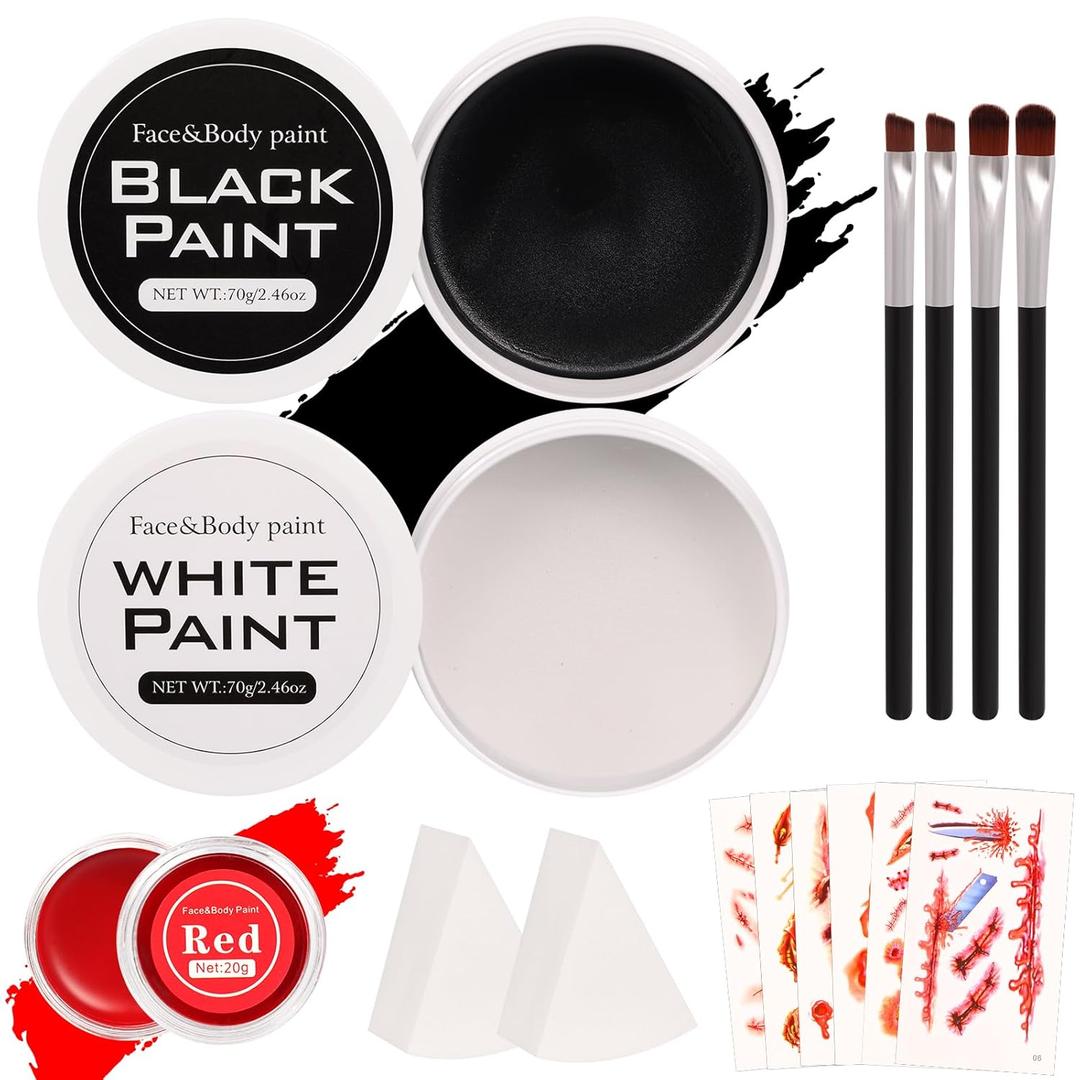 Halloween Makeup Kit for Adult Kids, Black White Red Face Paint for Zombie Skeleton Clown Makeup with 4 Brushes, 2 Sponges, 6 Tattoos, Oil-based Face Painting Kit for Halloween Costume, Theme Cosplay