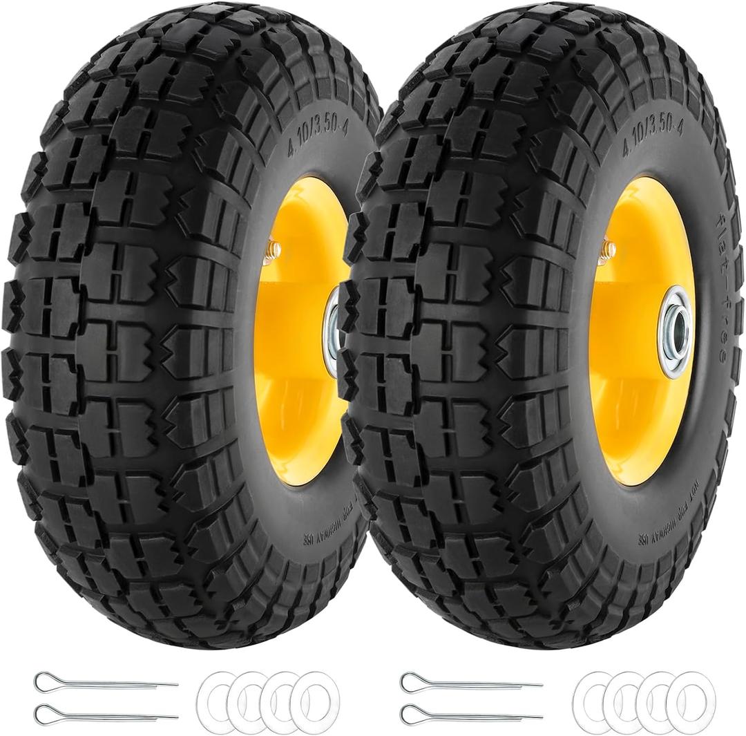 2 Pcs 4.10/3.50-4" 10 Inch Flat Free Solid Rubber Tire and Wheel with 5/8" Axle Bore Hole, 2.2" Offset Hub replacement for Hand Truck, Wheelbarrow, gorilla cart, Garden wagon Cart, Dolly, Utility Cart