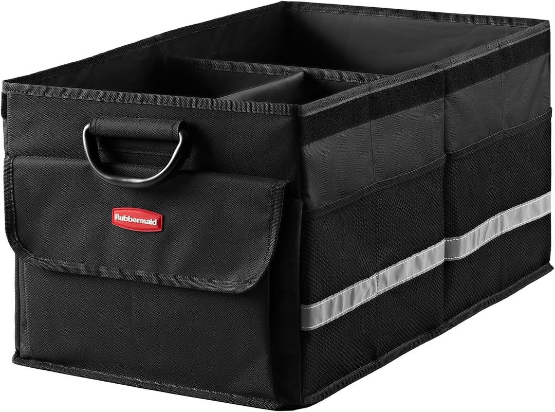 Rubbermaid Car Organizer, Collapsible Trunk Organizer, Multi-Compartment Car Storage Organization for Car Accessories, 3 Compartments With Cover, 23.23"*12.99"*11.81" (X-Large, Black)