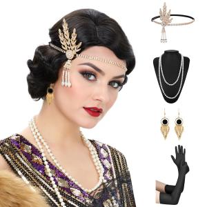 1920s 1930s Finger Wave Wig Women Black Vintage Flapper Wig Great Gatsby Accessories Set, Flapper Costume Accessories Roaring 20s Accessories for Women Flapper Headpiece