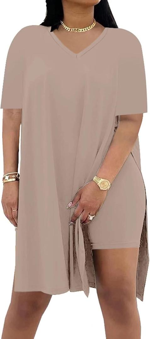 Difanlv Plus Size Womens 2 Piece Outfits Tracksuits Short Sleeve Tunic Tops Bodycon Shorts Sweatsuit Sets, Extra Large, Brown)