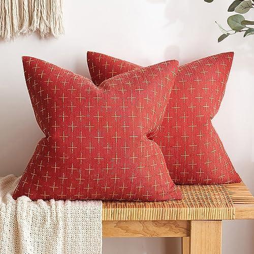 MIULEE Pack of 2 Christmas Decorative Burlap Linen Throw Pillow Covers Modern Farmhouse Pillowcase Rustic Woven Textured Cushion Cover for Sofa Couch Bed 16x16 Inch Christmas Red