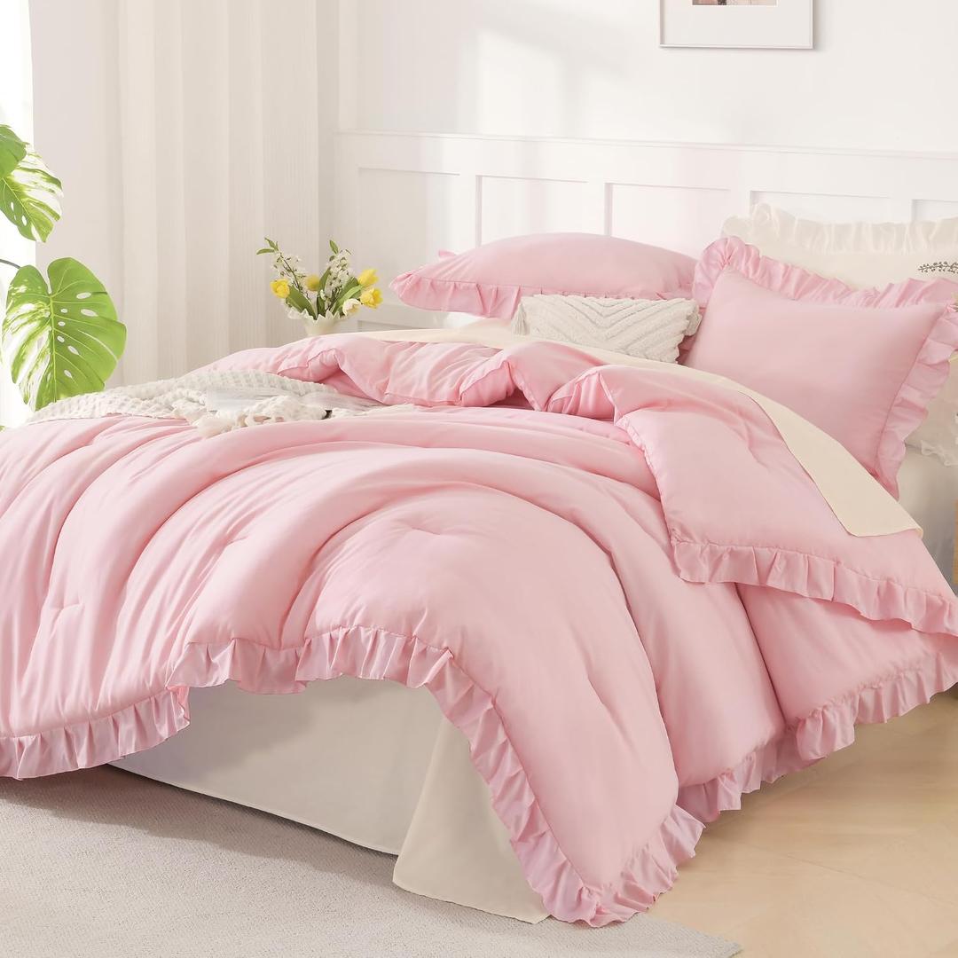 Andency Pink Comforter Set Full, 3 Pieces Lightweight Soft Rustic Pink Ruffle Comforter Women Girls, Solid Farmhouse Shabby Chic Polyester Bedding Comforter Set