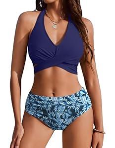 AI'MAGE Womens High Waisted Bikini Sets Tummy Control Bathing Suits Halter Two Piece Swimsuit Modest Bikini 2025 Navy Blue L