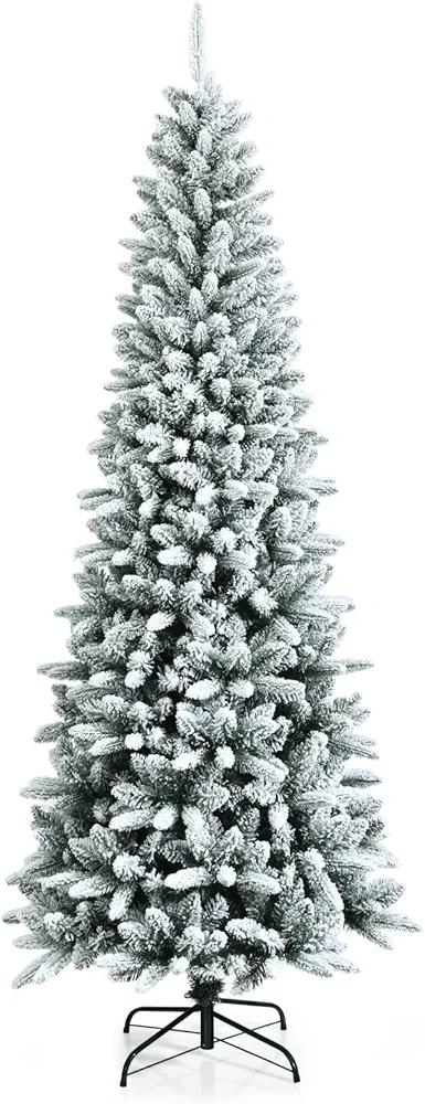 7.5Ft Snow-Flocked Artificial Christmas Tree, Hinged Pencil Slim Xmas Tree w/ 1189 Branch Tips, Folding Metal Base, Realistic Holiday Tree Decoration for Indoor and Outdoor Use