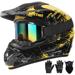 SPARK Dirt Bike Helmets Kids Motorcycle Helmet Youth ATV Motocross Full Face Men Women Off-Road Mountain Bike Helmet Adult with(Gloves Goggles Mask) DOT Approved 4Pcs Set (Large, Yellow)