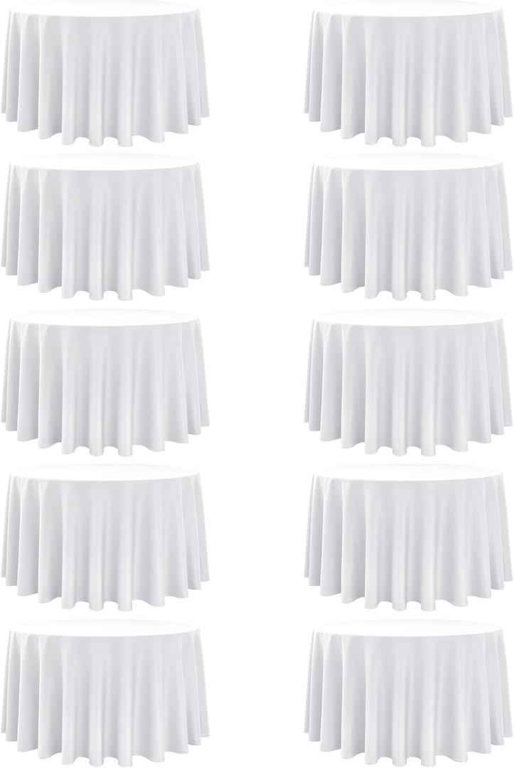 10-Pack White Round Tablecloths, 108 Inches, Stain-Resistant Polyester for 4-5 Ft Round Tables - Washable Table Covers for Weddings, Banquets, Birthday Parties, Events