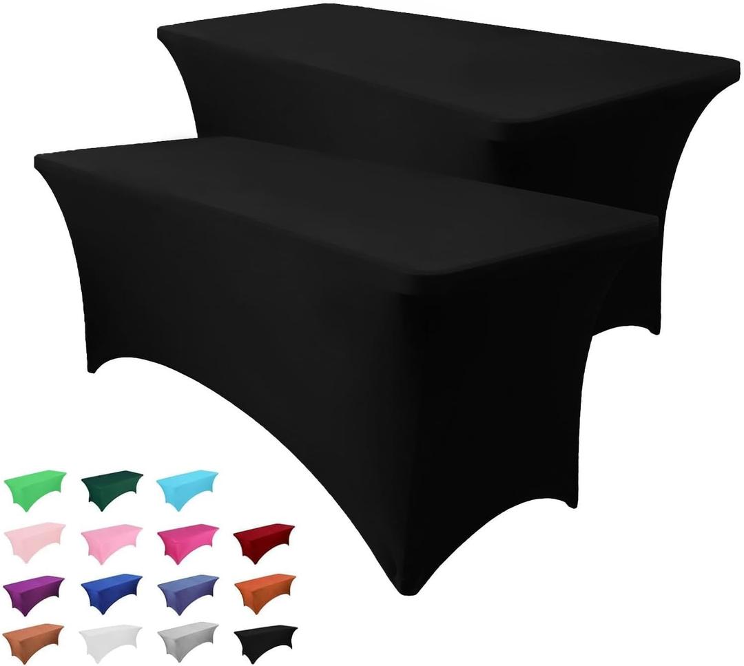 2 Pack 6FT Table Cloth for Rectangle Tables - Black Tablecloths Rectangular Fitted Stretch Spandex Table Covers 6 ft for Birthday, Cocktail, Wedding, Banquet Christmas Holiday Tablecloth