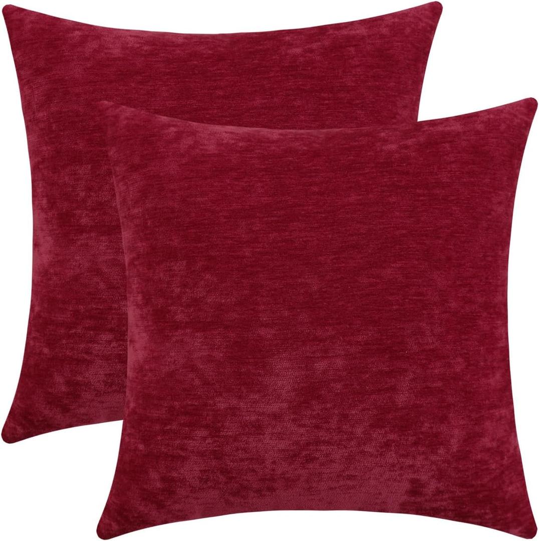 Wine Red Cozy Soft Throw Pillow Covers, Burgundy Decorative Chenille Square Couch Cushion Cases for Sofa Living Room Decor, Set of 2, 20 x 20 Inches