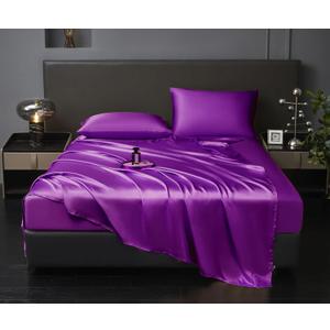 Revdomfly 4 Pcs Queen Size Luxury Silky Soft Purple Satin Sheet Set,1 Premium Moisture Wicking Fitted Sheet Fits Up to 16 Inches Deep Pocket + 1 Flat Sheet + 2 PillowcasesPurple, Queen