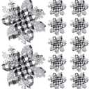 12 Pieces 5.7 Inch Christmas Poinsettia Flower Christmas Glitter Artificial Flower with Clips Xmas Tree Ornament for Wreath Garland Party Decor (Black and White Buffalo with Silver Petals)