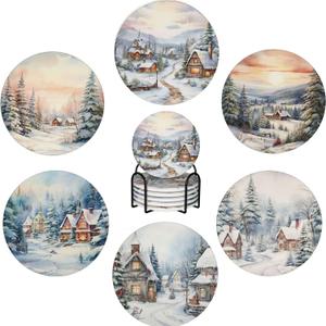 Coasters Set of 6, Coasters for Drinks Absorbent Stone with Holder, Snow Countryside Ceramic Drink Coaster for Tabletop Protection, Coffee Table Decor Ideal for Home Decor House Warming Gifts