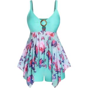 Rosegal Women Plus Size Two Piece Flowy Tankini Swimsuits Butterfly Floral Print Modest Bathing Suit with Boyshorts (Blue) XL