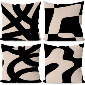 KEUSPI Black and Beige Throw Pillow Covers, Boho Modern Abstract Decorative Black and Pink Beige Cream Pillow Covers Decor for Couch Living Room Home 18x18 Set of 4