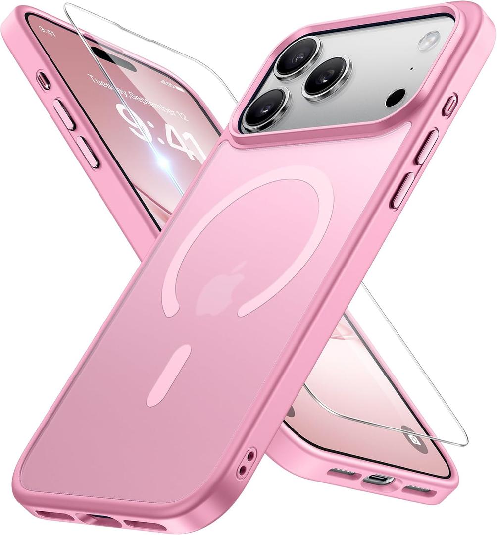 Miracase Magnetic for iPhone 17 Pro Max Case with Screen Protector [Compatible with MagSafe] Slim Thin Phone Case Military-Grade Protected for 17 ProMax Cover Bumper 6.9", Pink