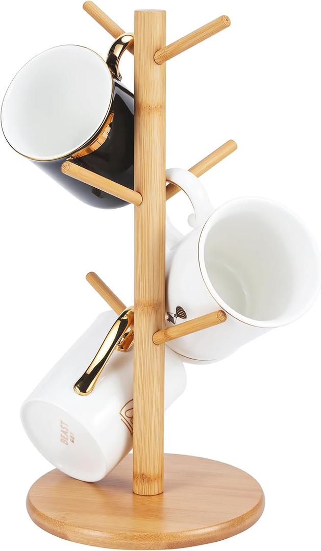 Bamboo Mug Tree Holder, Upgraded Screw Type 6 Hooks Coffee Mug Holders, Decorative Mug Racks for Counter, Non-Slip Coffee Mug Cup Trees