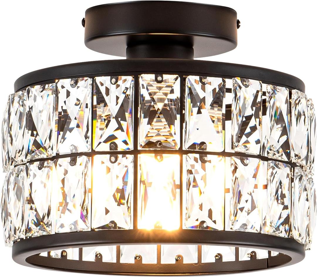 Rpzloila Crystal Ceiling Light Fixture, Modern Semi Flush Mount Ceiling Light,Crystal Chandelier for Kitchen Bedroom Bathroom Entryway, Black Finish