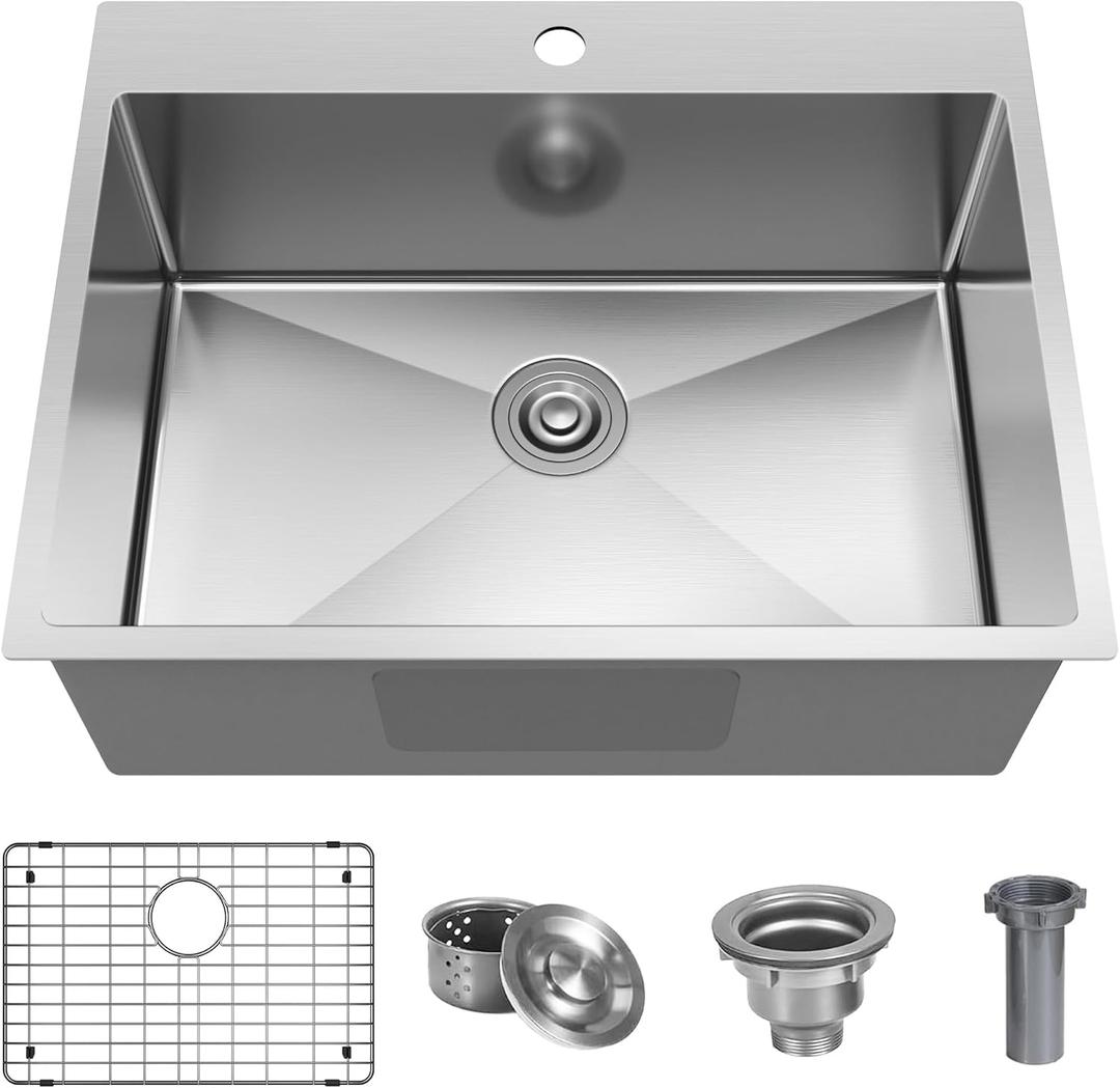 25x22 Inch Drop In Kitchen Sink, 18 Gauge 304 Stainless Steel Top Mount Single Bowl Kitchen Sink, 9 Inch Deep Small Kitchen/Bar Sink with Bottom Grid & Strainer, Brushed Finish, 25x22x9 Inch