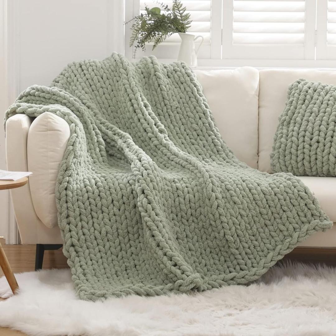 WESHIONGOO Chunky Knit Blanket Throw 51"63" Knitted Throw Blankets for Couch Bed Fluffy Soft Blanket with Jumbo Chenille Yarn Thick 100% Handmade (Sage Green)