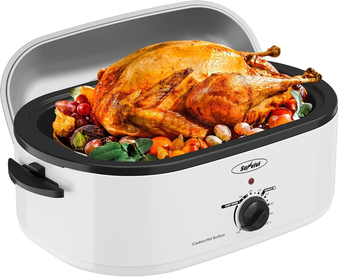 22-Quart Electric Roaster Oven with Removable Pan and Self-Basting Lid, Perfect for Turkey Roasting with Temperature Control from 150 to 450F and Cool-Touch HandlesWhite, 22QT