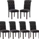 COLAMY Button Tufted Dining Chairs Set of 6, Parsons Upholstered Fabric Dining Room Chairs Kitchen Chairs with Wood Legs and Padded Seat, Black