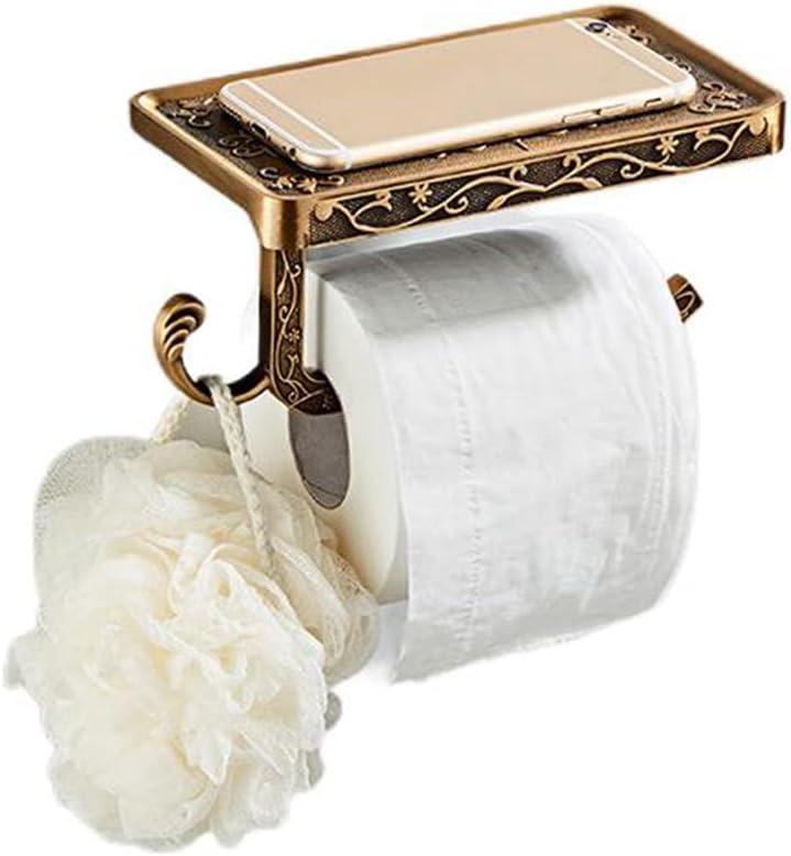 Vintage Paper Towel Holder with Cellphone Shelf for Bathroom, Wall Mount Anti-Rust Aluminum Paper Towel Rack (Brass)