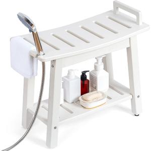 FLyjoe 24 INCH Extra Large Shower Bench for Inside Shower Shaving Legs, Waterproof HDPE Shower Chair Seat with Storage Shelf and Handles Spa Shower Stool for Bath Tub Bathroom Use, White