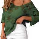 LOMON Womens 3/4 Sleeve Crochet Tops Off Shoulder Hollow Out Sweater V Neck Casual Loose Fit Beach Cover Up, XL