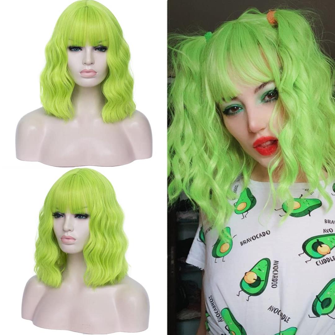 14" Short Fluorescent Green Curly Wig For Women Girls Heat Resistant Fiber Wigs Halloween Cosplay Daily Party+Cap (Fluorescent Green)