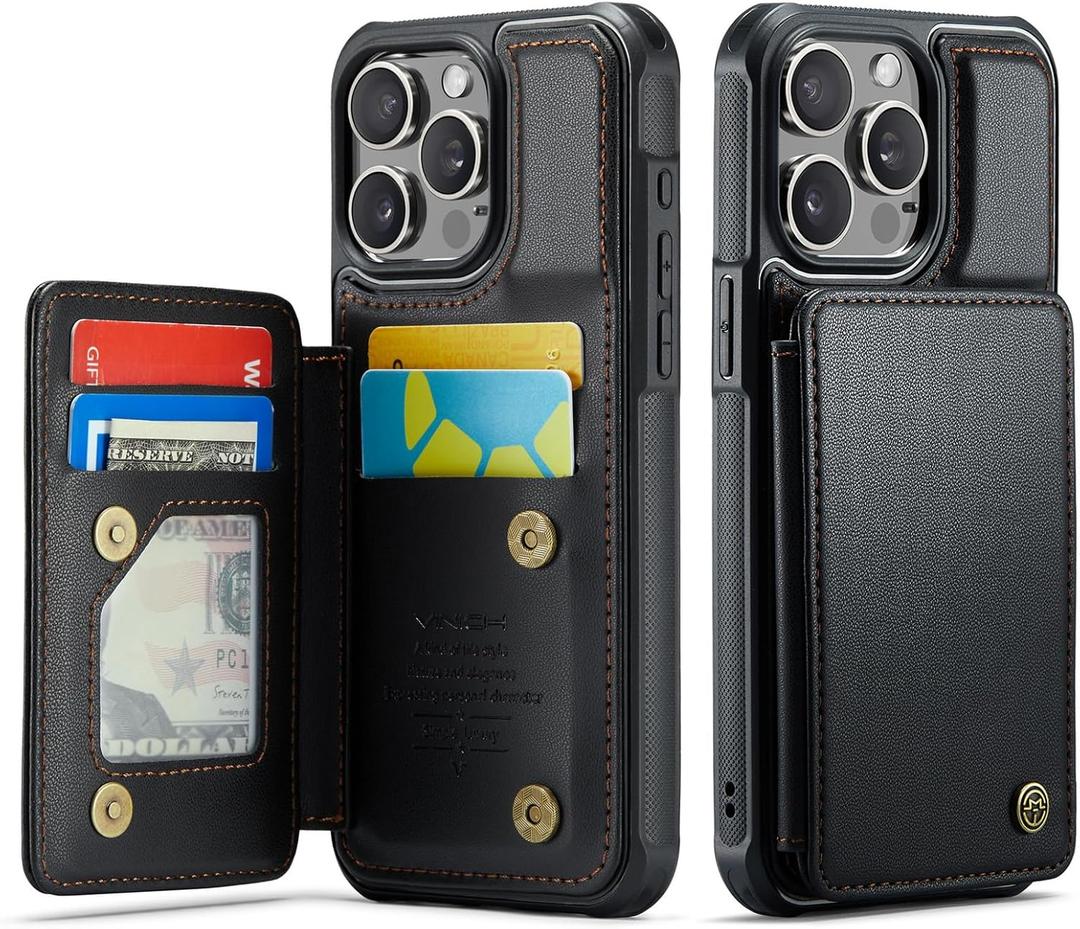 Vinich for iPhone 15 Pro Wallet Case with Card Holder, RFID Blocking Credit Slots Kickstand Shockproof Phone Cover for Women Men, Black